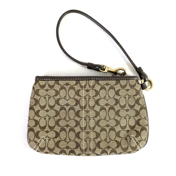 Coach Brown and Tan Leather Canvas Signature C Logo Jacquard Wristlet - Picture 2 of 9